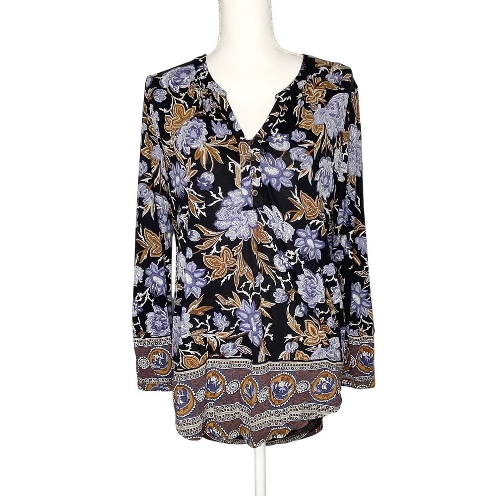Lucky Brand Black Blue Tan Floral Print 3/4 Sleeve Boho Blouse Top Medium - Picture 1 of 7